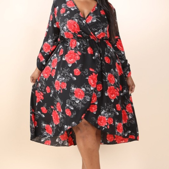 New Plus Size Red Midi Wrap floral Dress - Picture 5 of 8